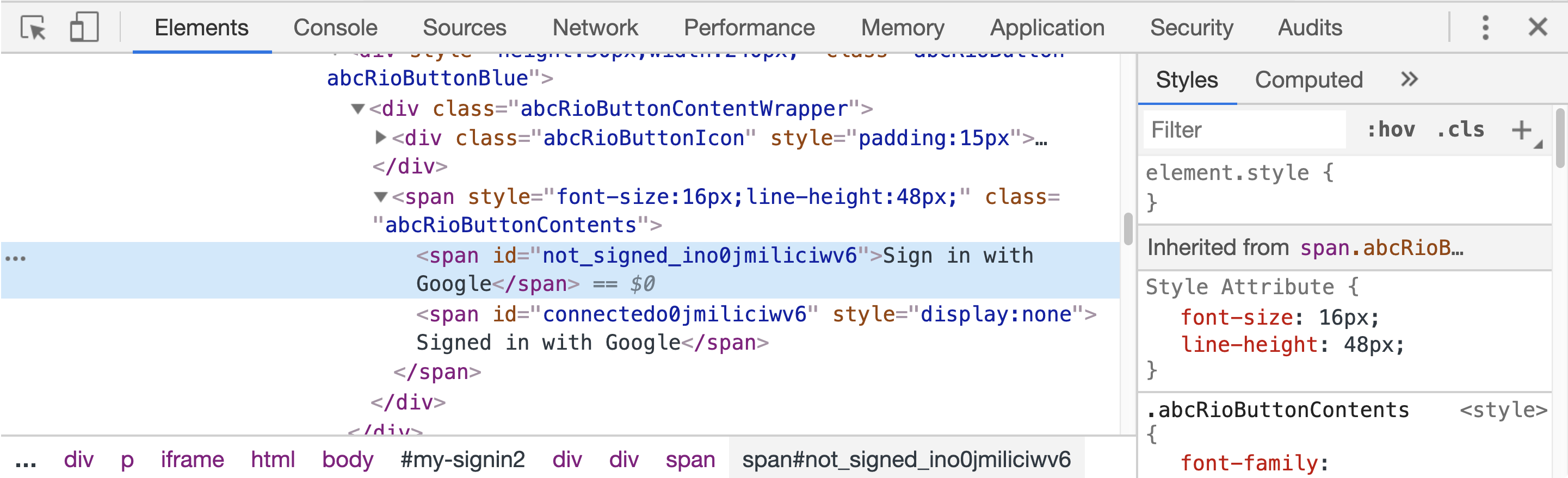 Screenshot: Google sign-in button with devtools